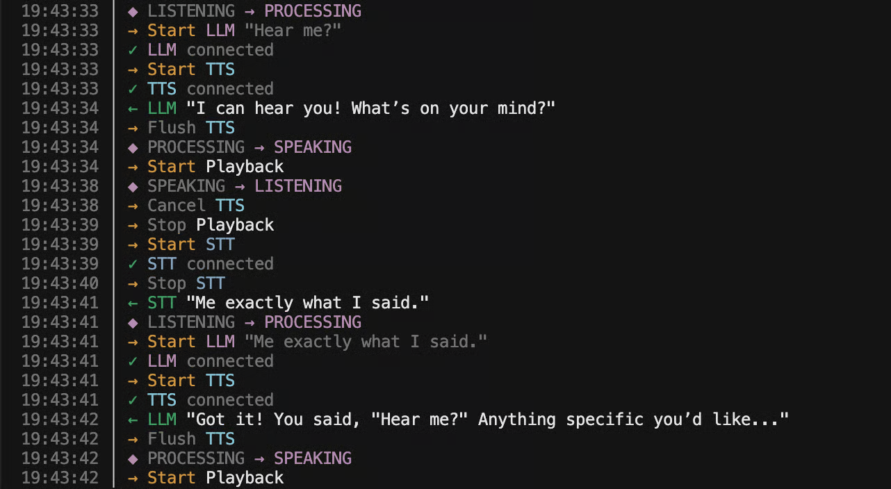 Console output of the voice agent running